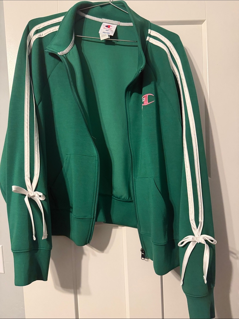 Champion Green Track Jacket with White Stripe Accents